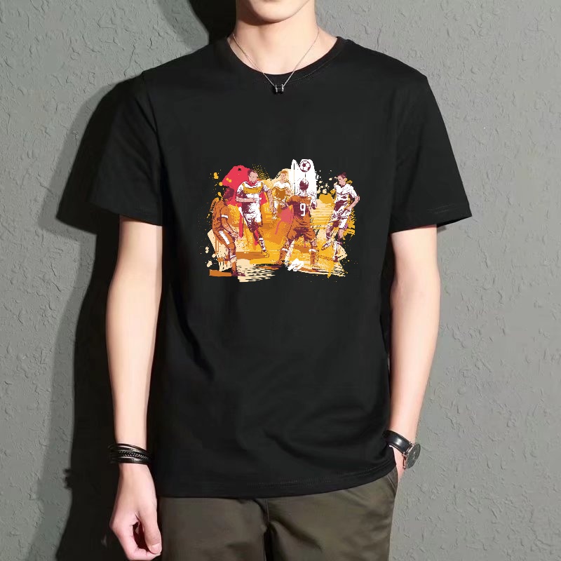 Street Fashion Theme - Men's Black Round-Neck Short-Sleeved T-Shirt, Football-Themed