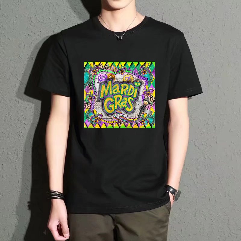 Street Fashion Theme - Men's Black Round-Neck Short-Sleeved T-Shirt, Carnival-Themed