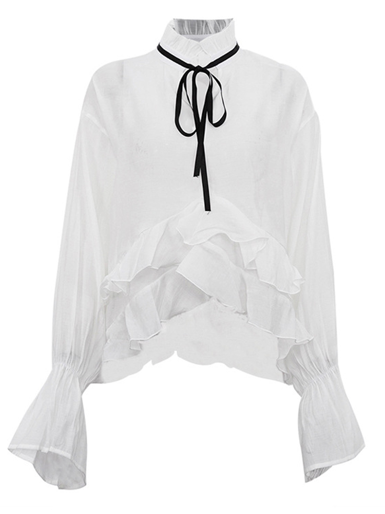 White Ruffle Hem Tie Neck Blou - Fashion Street Night ulasan dan harga
