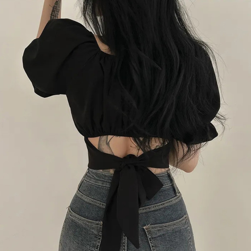 2025 Summer Lace Up Backless T - Street Fashion In Korea ulasan dan harga